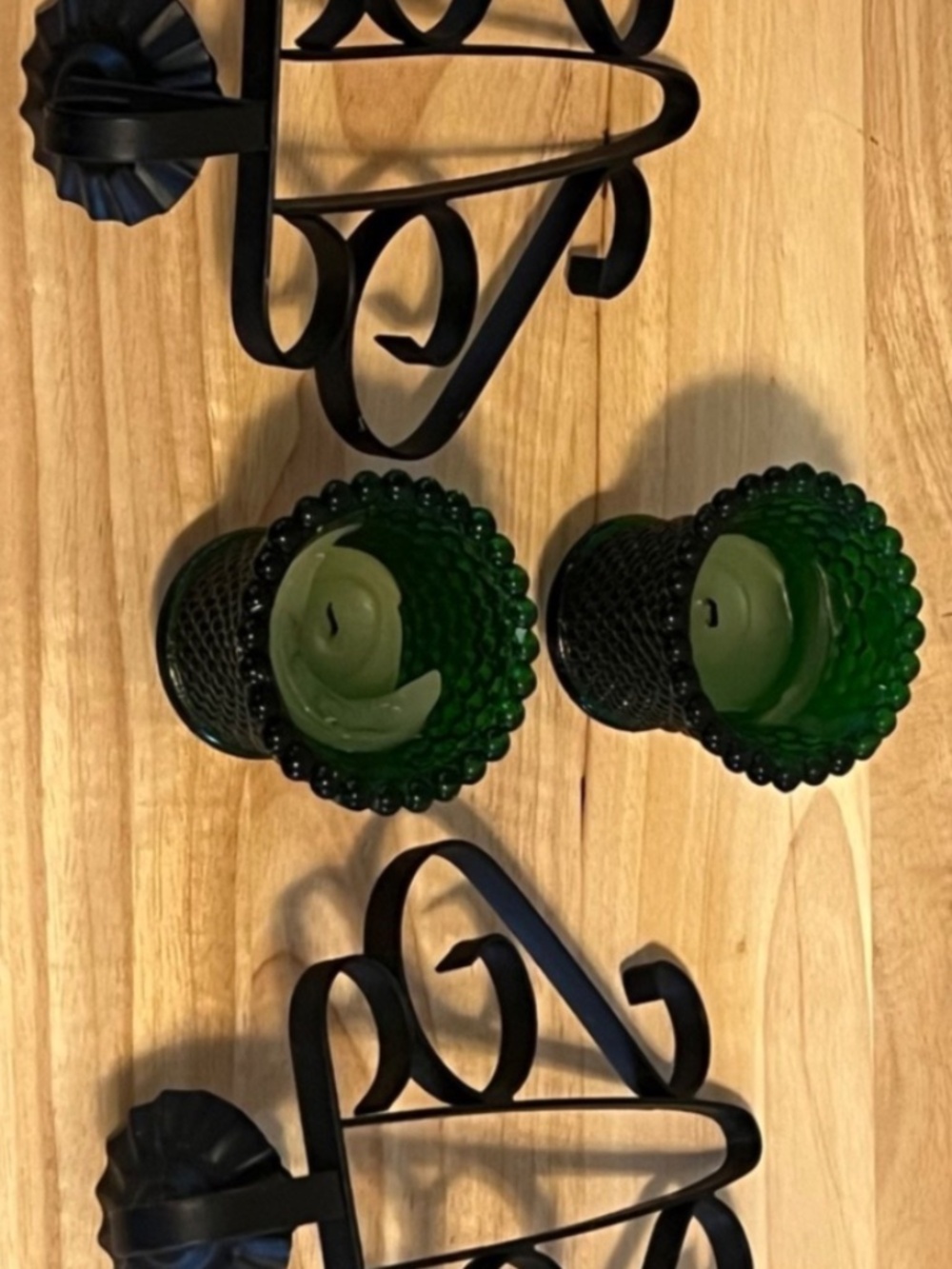 2 Wrought Iron Scroll Wall Candle Holders Green Button Votive Cups Decor